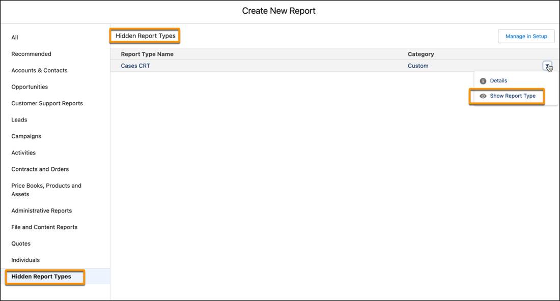 Create report window with show and hidden report type controls