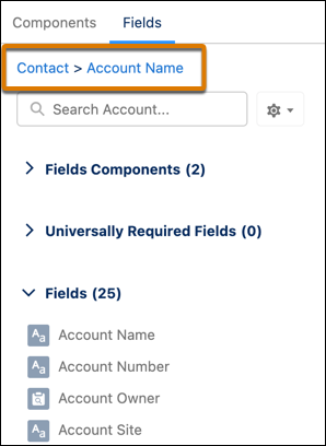 Fields palette with Contact to Account Name breadcrumb.