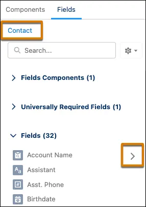 Fields palette with Contact top-level breadcrumb.