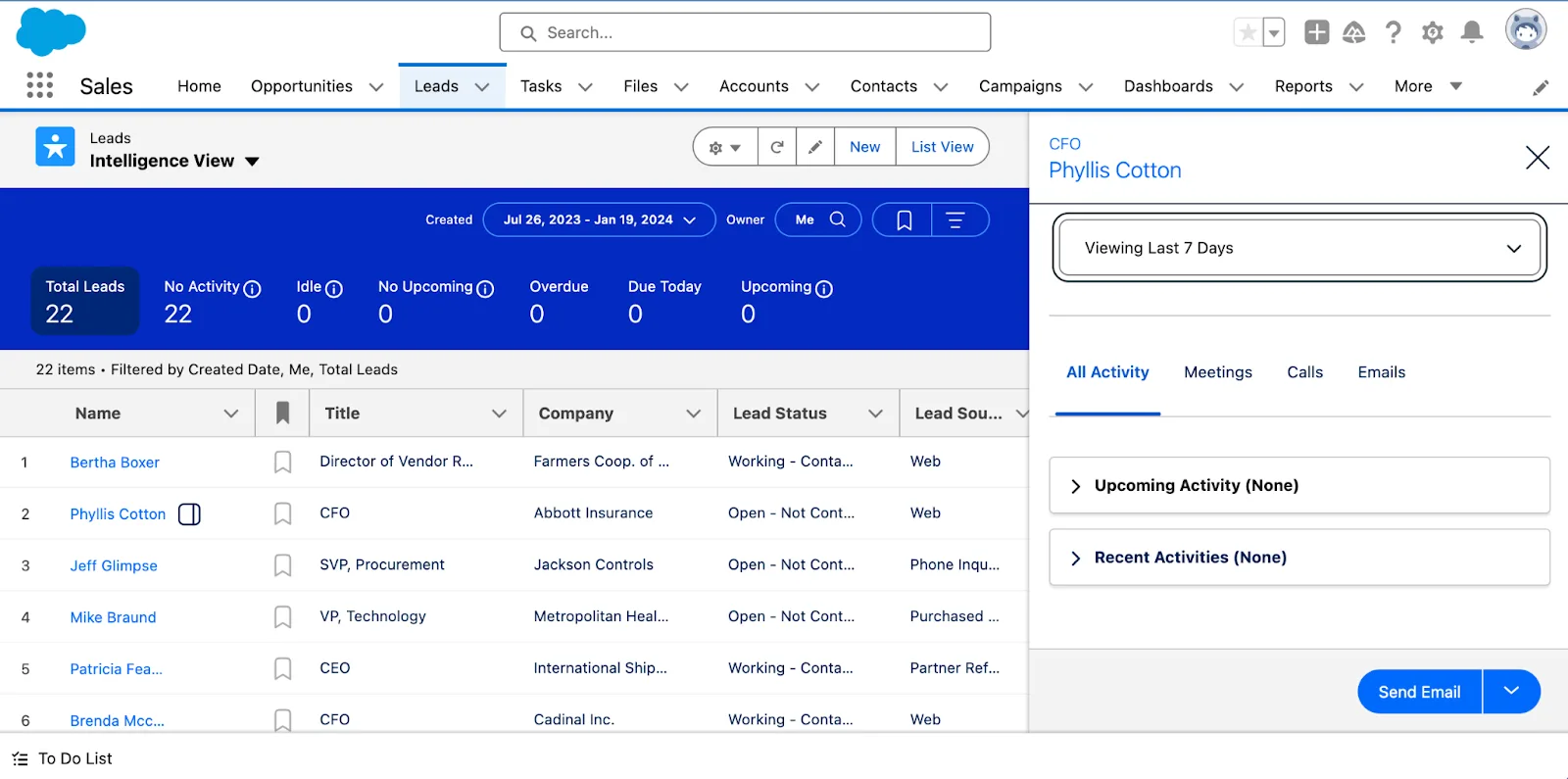 [Lead Intelligence View (リードインテリジェンスビュー)] のエンゲージメント評価指標とサイドパネルのインサイト