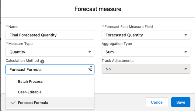Champs que vous définissez lorsque vous créez une mesure de prévision pour un ensemble de prévisions. La mesure peut être calculée via un moteur de traitement des données, une formule de prévision ou des modifications manuelles.