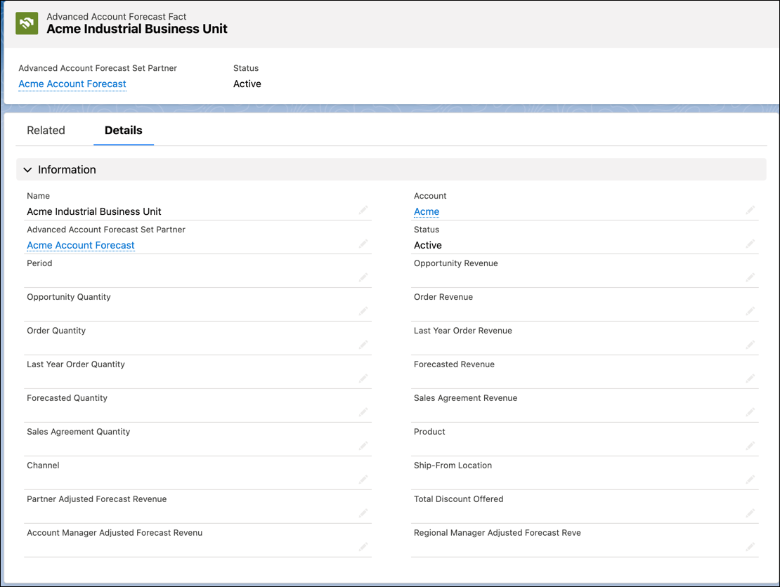 An Advanced Account Forecast Fact record page showing the predefined and custom fields.