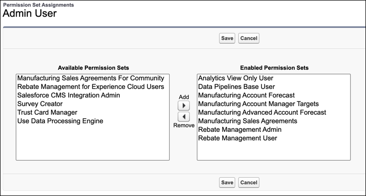 La lista de los conjuntos de permisos requeridos para acceder a todas las funciones de Manufacturing Cloud, incluidos los conjuntos de permisos Pronóstico de cuenta avanzado de fabricación y Usuarios de base de Canalizaciones de datos.