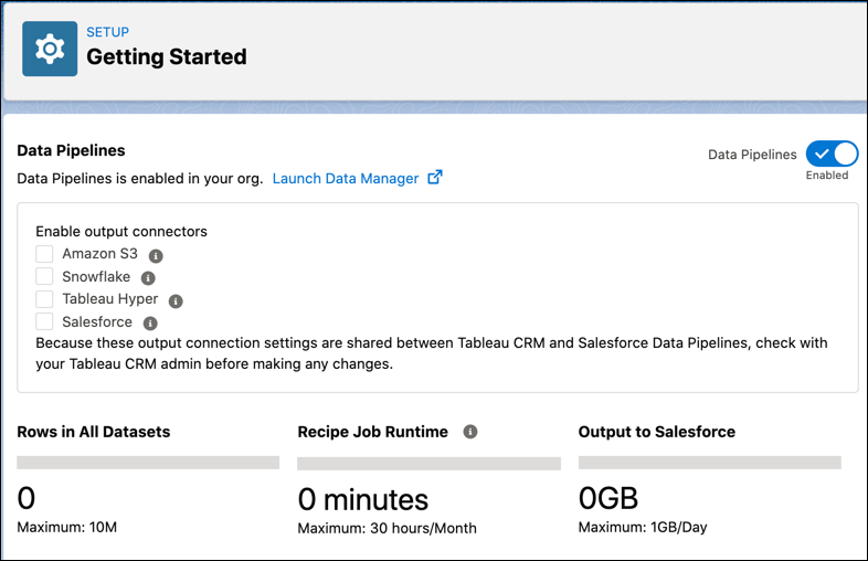 Le bouton à bascule de la fonctionnalité Data Pipelines dans Configuration