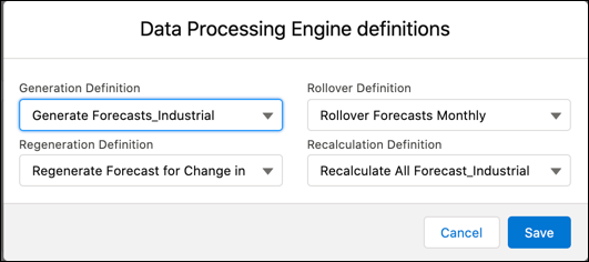 The admin can select the Data Processing Engine definitions to generate, rollover, regenerate, and recalculate forecasts for a forecast set.