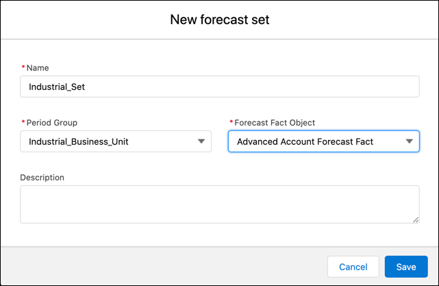 Seleccione el grupo de periodo y el objeto de hecho de pronóstico para crear un conjunto de pronósticos.