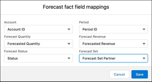 Seleccione las asignaciones de campo de pronóstico para un conjunto de pronósticos.