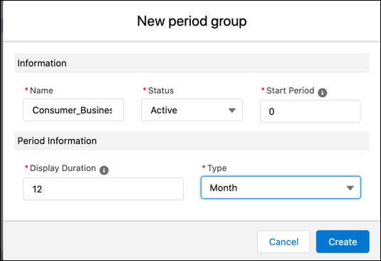 Cree un grupo de periodo. Para ello, defina el periodo de inicio, la duración de visualización y el tipo.