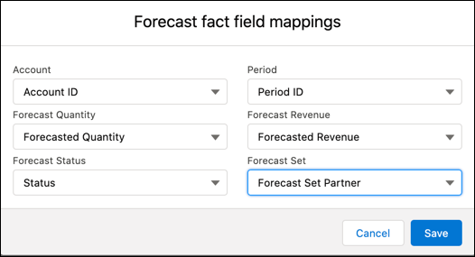 Selecione os mapeamentos de campos de previsão para um conjunto de previsões.