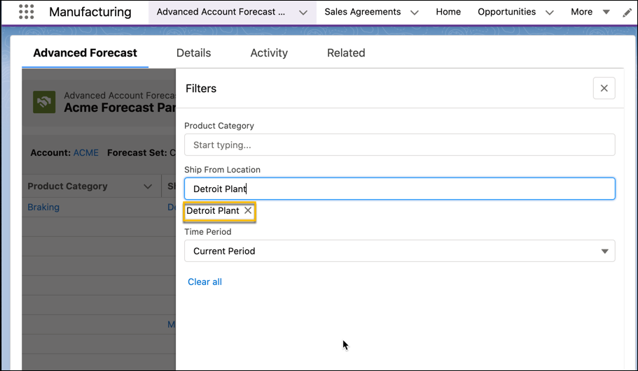 The advanced account forecast set partner record showing the Filters with Ship From Location and Time Period selections.