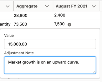 The adjustment value and adjustment note for a cell in the advanced account forecast grid.