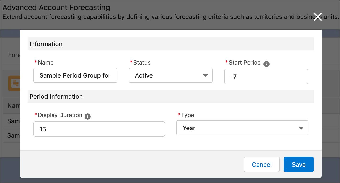 Sample Period Group for Emissions Forecasting with default values.