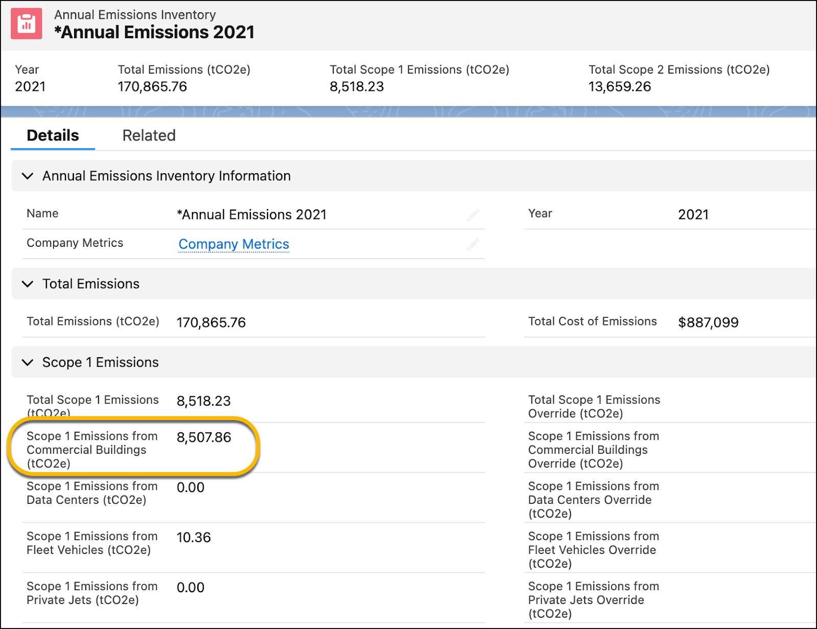 The Scope 1 Emissions from Commercial Buildings on an annual emissions inventory record.