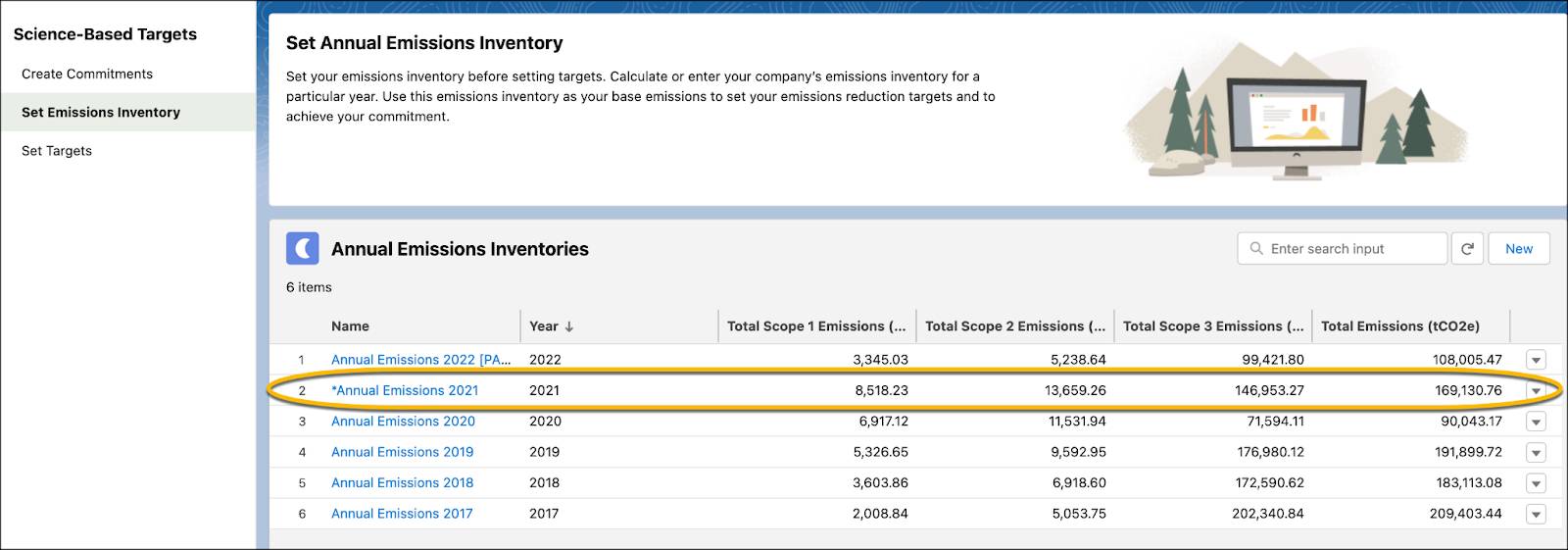 An annual emissions inventory record on the Set Annual Emissions Inventory page.