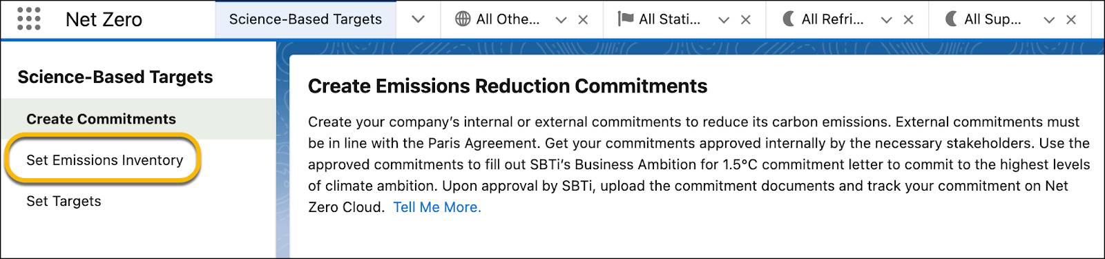 The Set Emissions Inventory option in Science-Based Targets.