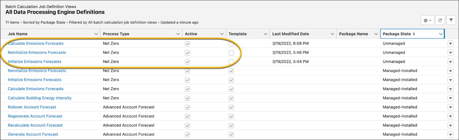 The active copies of Net Zero Cloud-specific DPE jobs.