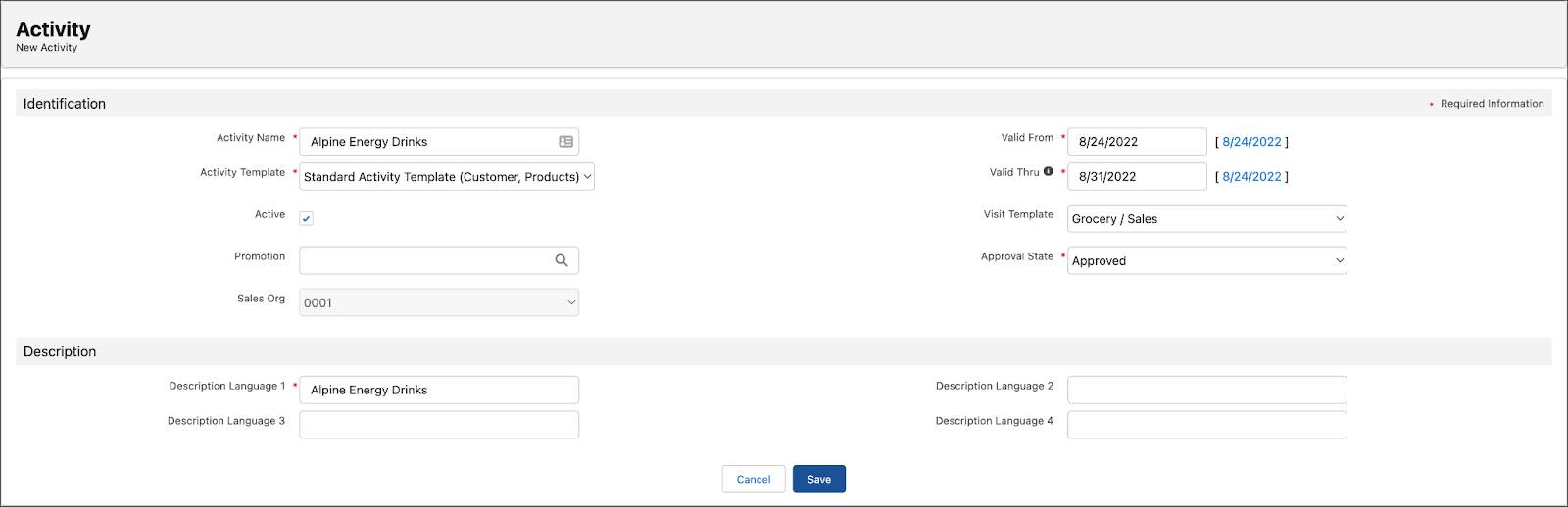 標準活動を作成するためのオプションが表示されている [New Activity (新規活動)] ページ。