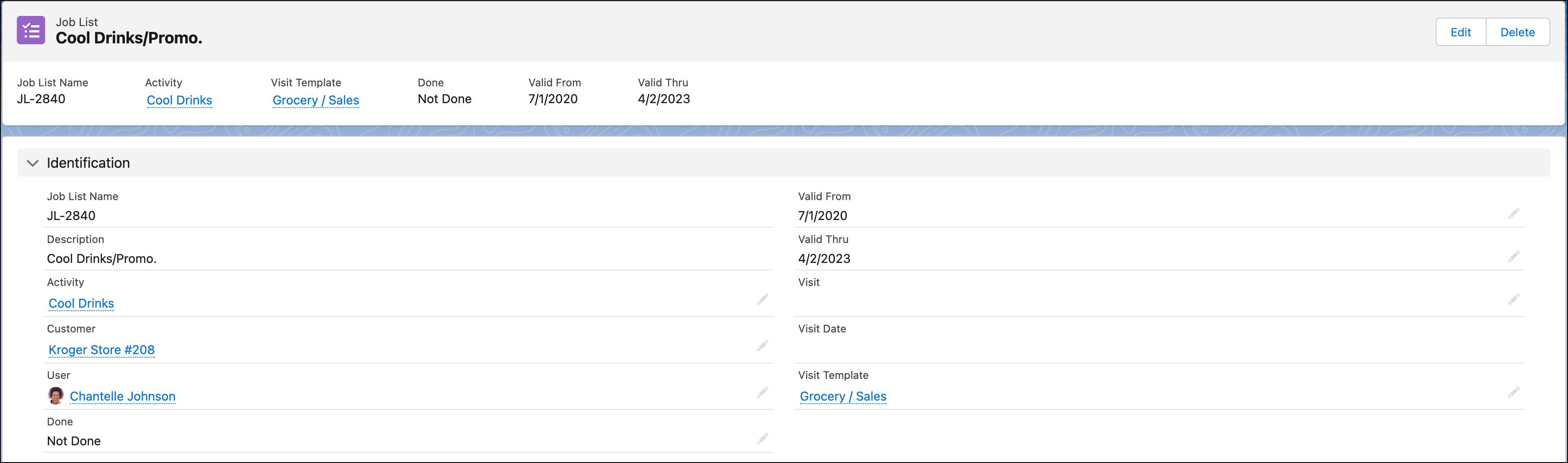 ジョブリストの詳細が表示されている [Job Lists (ジョブリスト)] レコードページ。