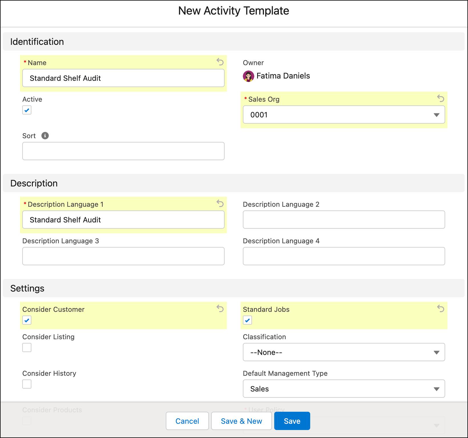 活動テンプレートを作成するためのオプションが表示されている [New Activity Template (新規活動テンプレート)] ウィンドウ。