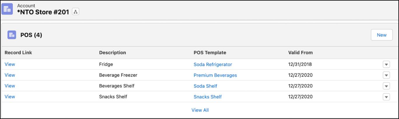 The POS related list showing the POSs added for the account NTO Store #201.
