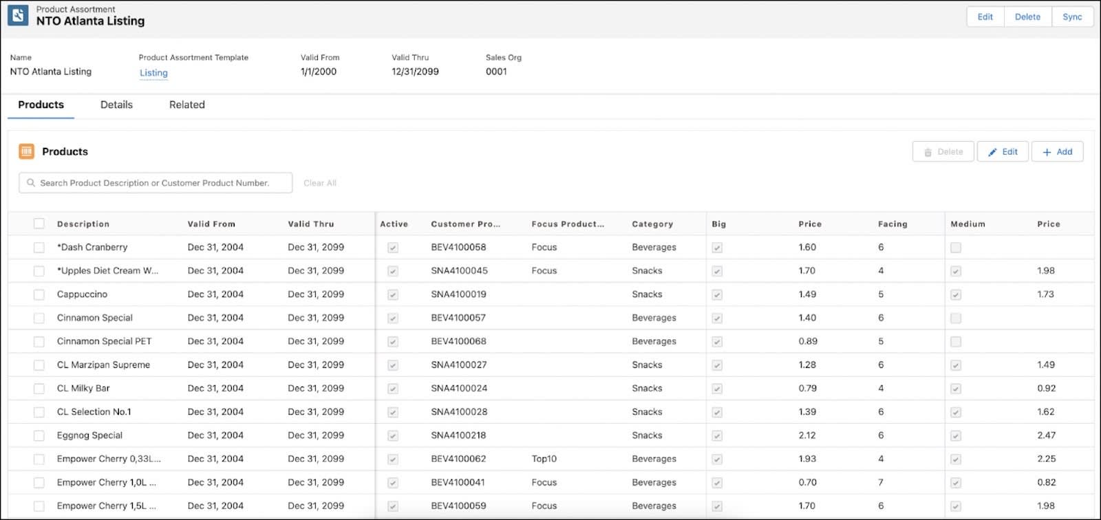 The Product Assortment page showing the list of product assortments for the NTO Atlanta store.