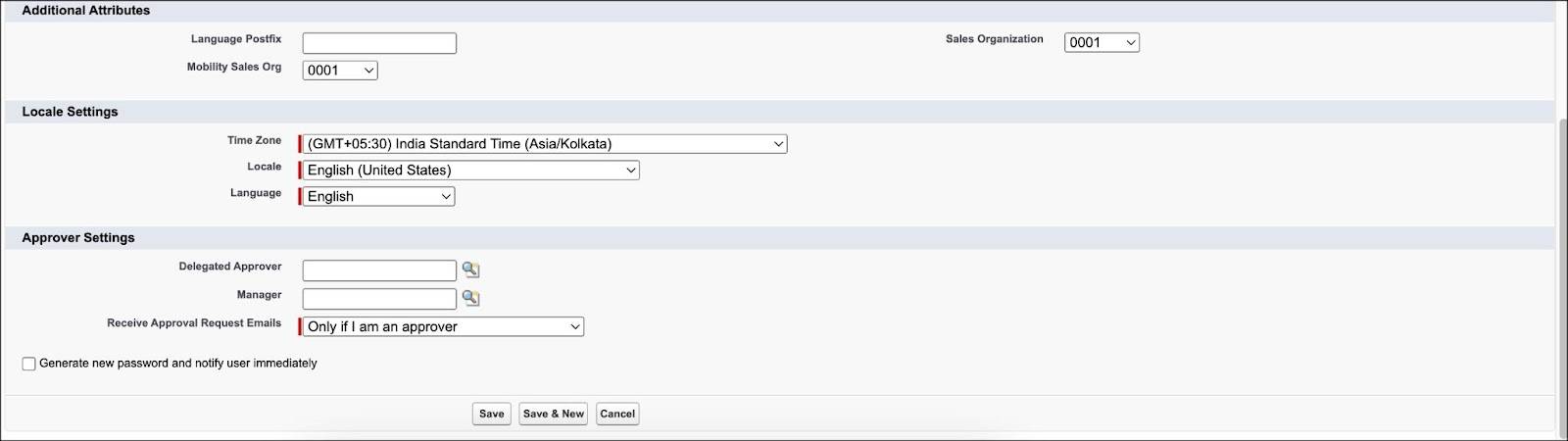 The Additional Attributes section on the Users page showing the options to map a mobility sales organization to a user.