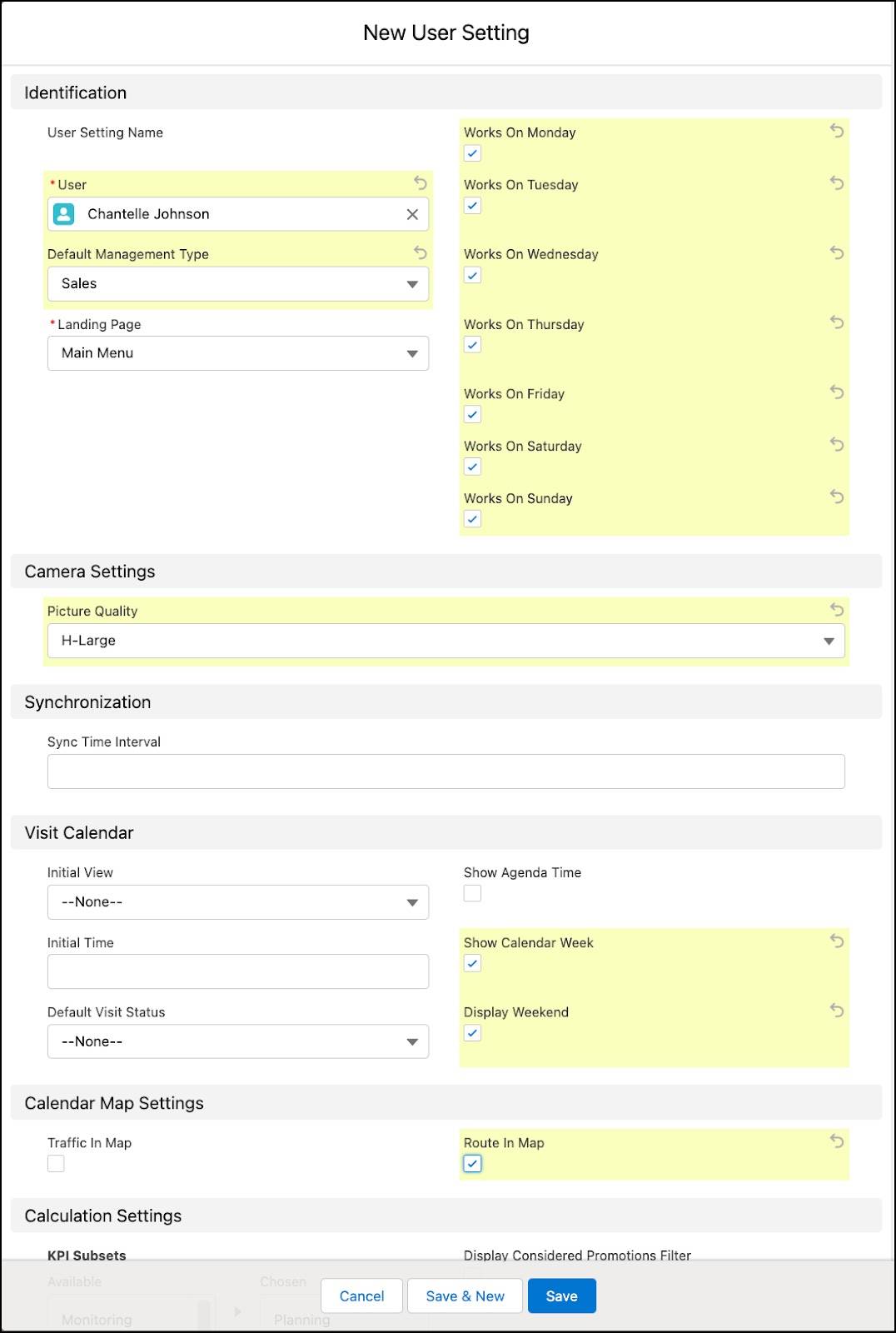 The New User Setting window showing the options to create a user setting record.