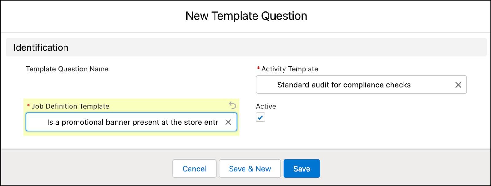 The New Template Question window showing the options to add template questions of type questions to the activity template.