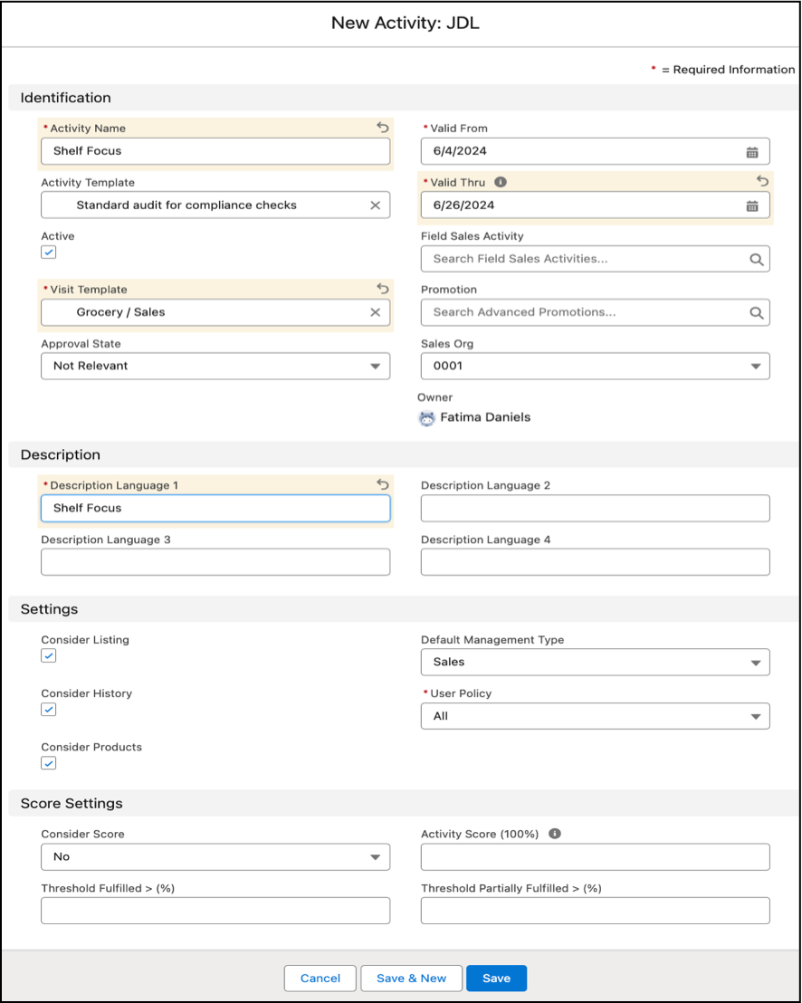 The New Activity: JDL window showing the options to create a standard activity.