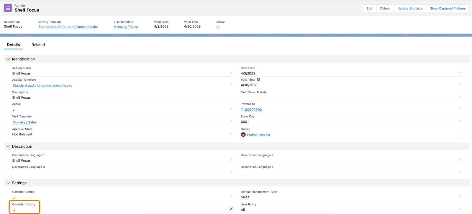 The Shelf Focus activity record page showing the checkbox Consider History selected.