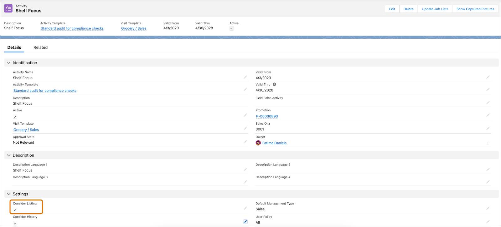 The Shelf Focus activity record page showing the checkbox Consider Listing selected.