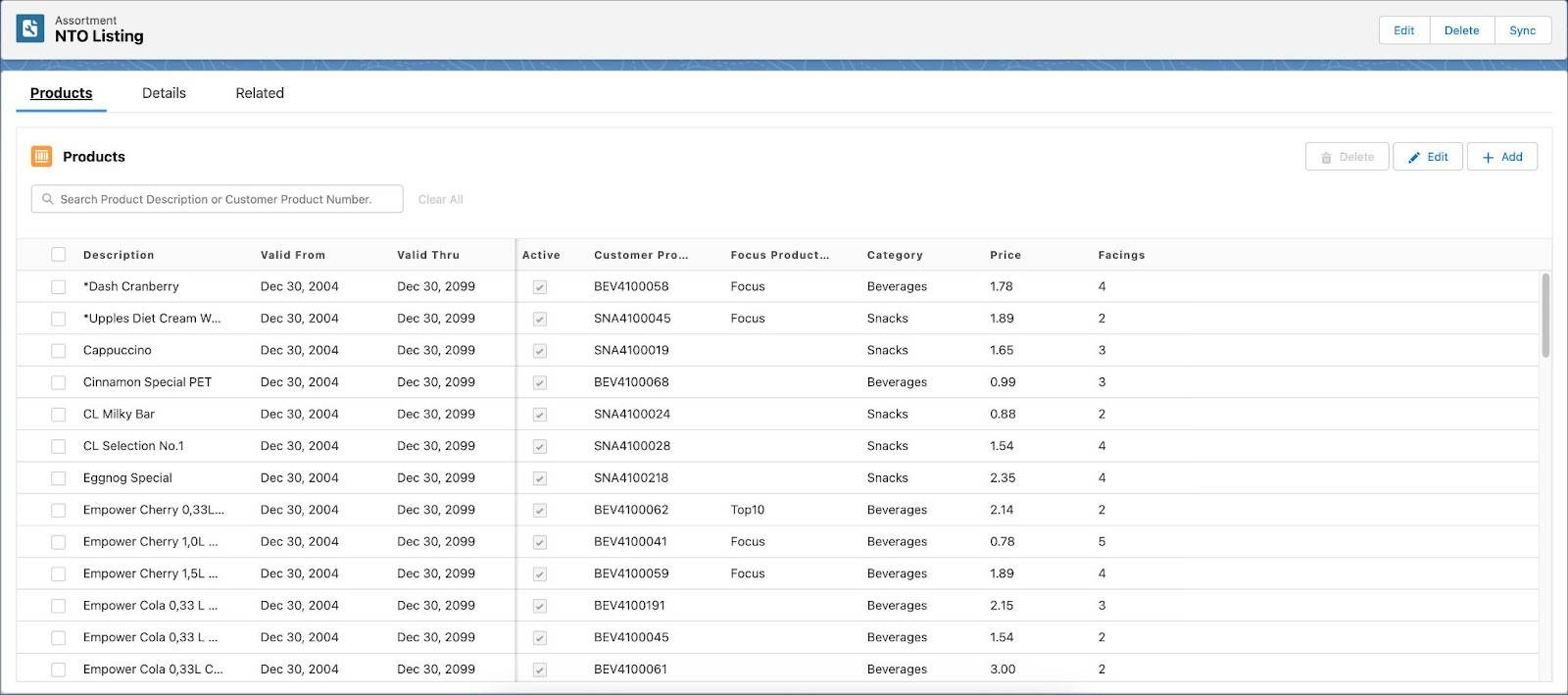 The Assortment page showing the listed products in the product assortment for NTO.