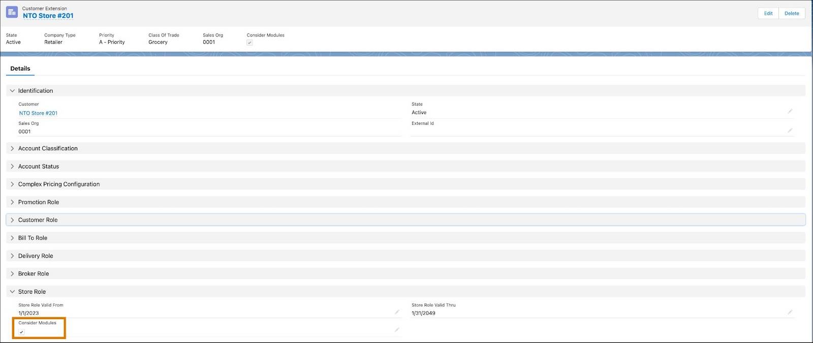 The related list Customer Extension for NTO Store #201 showing the checkbox Consider Modules selected.