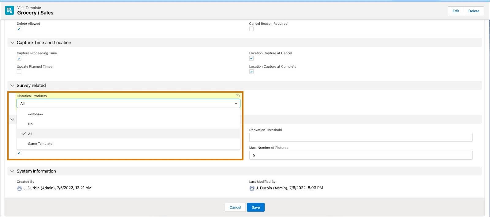 The Grocery/Sales visit template record page showing the options for the list Historical Products.