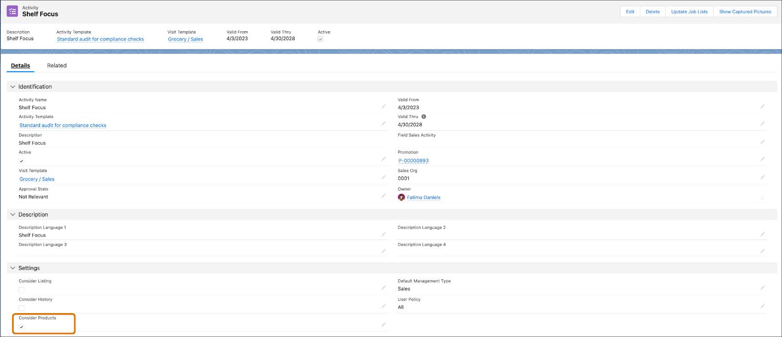 The Shelf Focus activity record page showing the checkbox Consider Products selected.