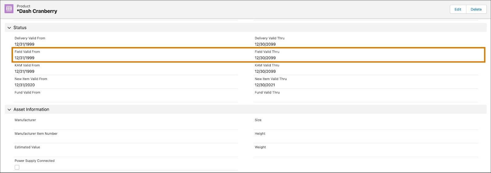 The Dash Cranberry product record page showing the Field Valid From and Field Valid Thru dates for the product.