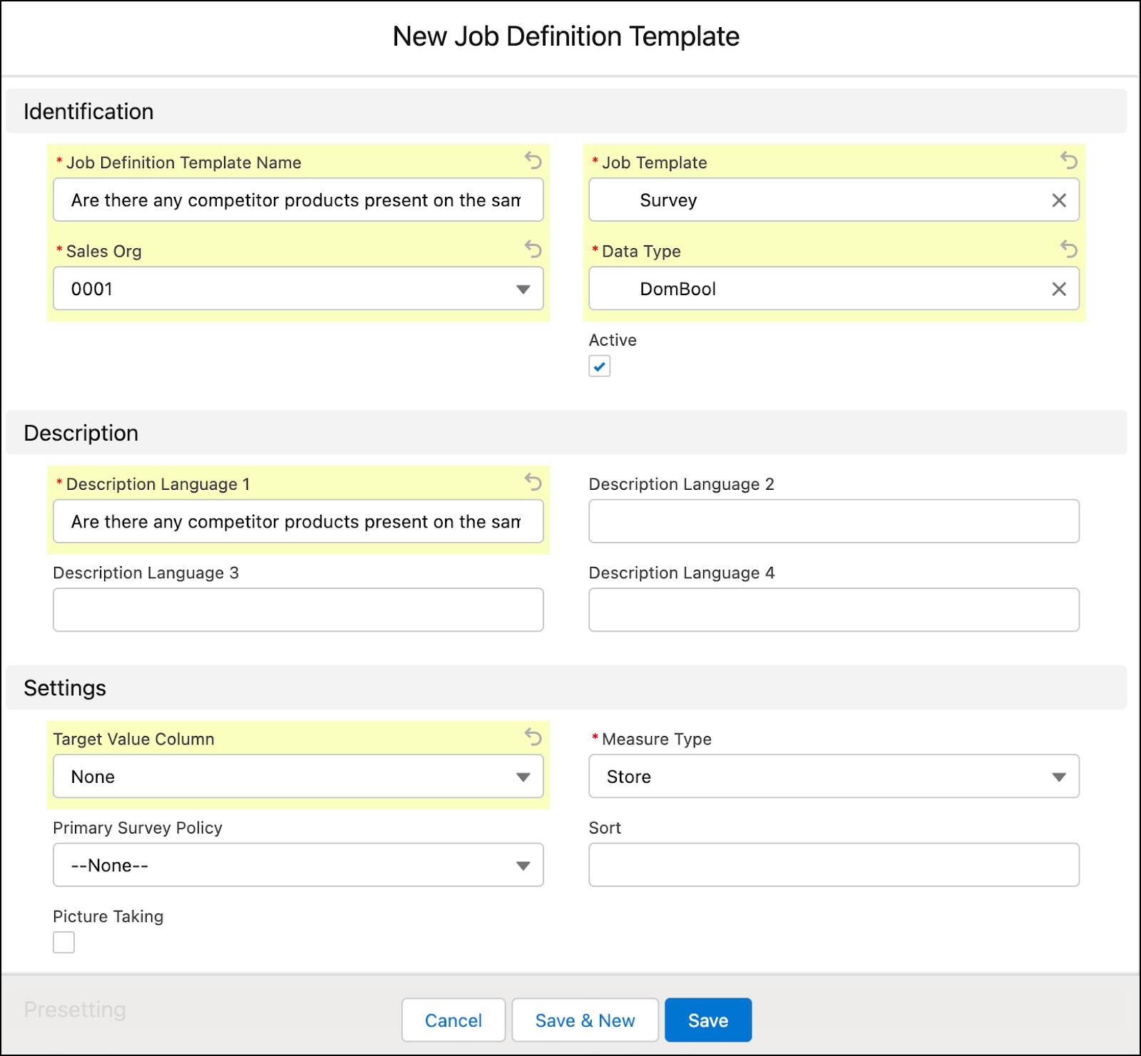 The New Job Definition Template window showing the options to create a job definition template for product surveys.