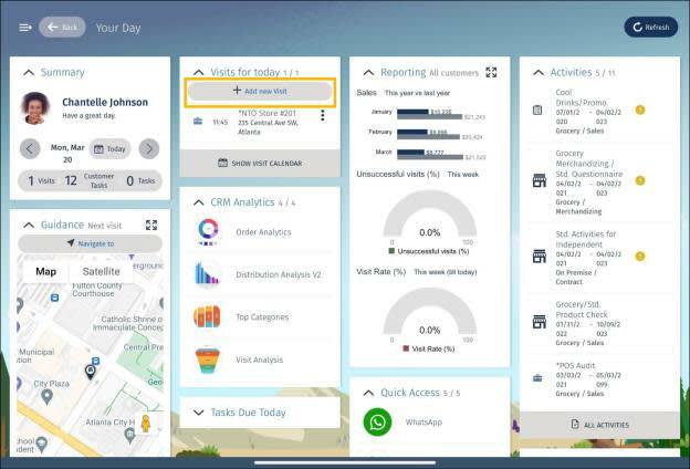 The User Cockpit page showing the planned visits and activities for the sales rep and the option to create a visit.