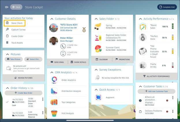 The Store Cockpit page showing the sales rep’s planned activities for the day.