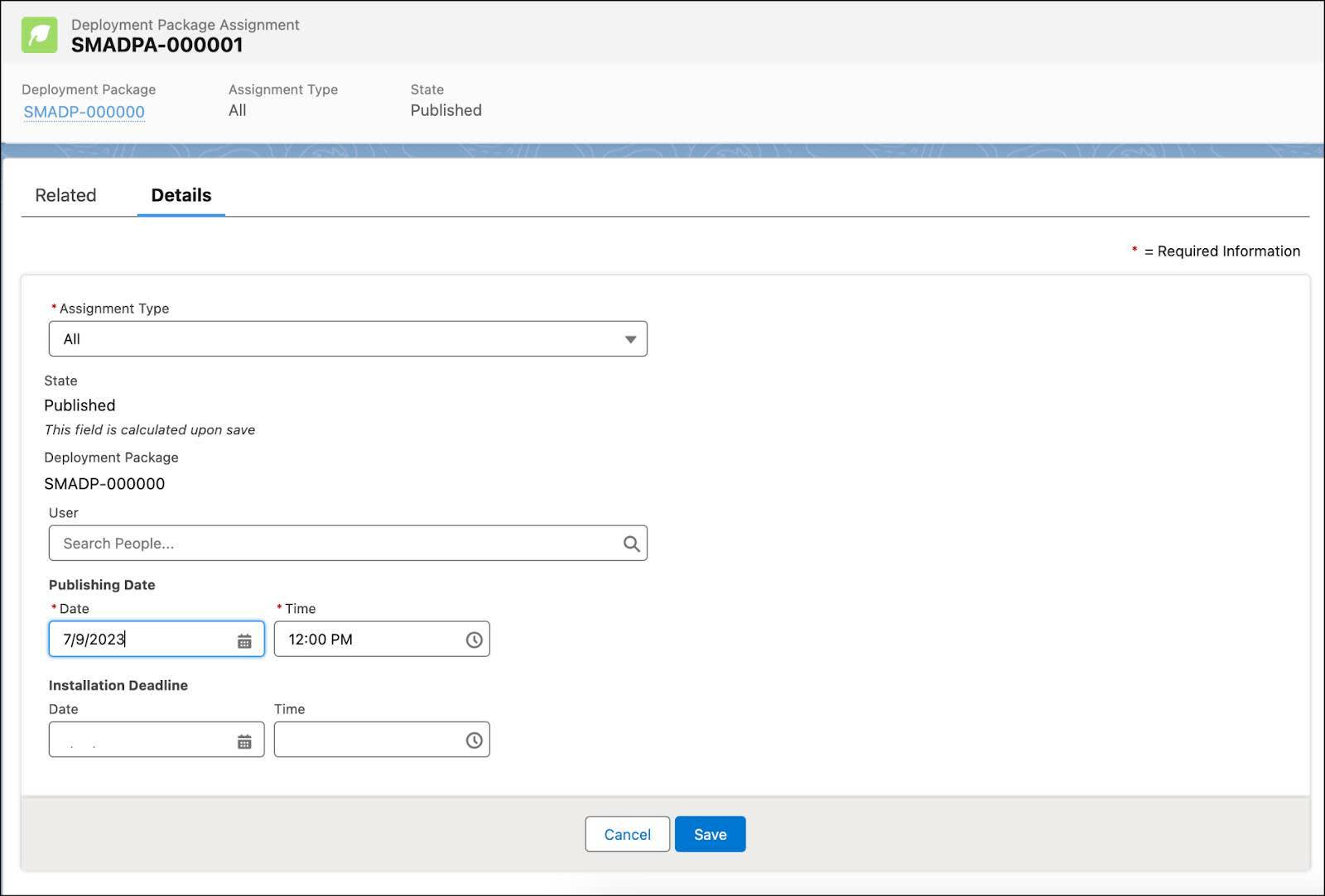 The Deployment Package Assignment page showing the options to update a deployment package assignment.