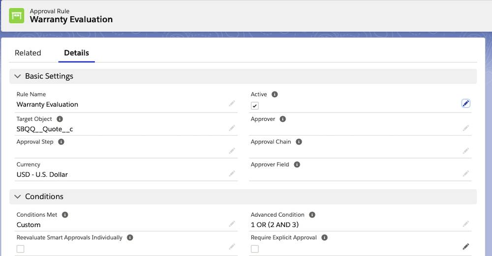 A warranty evaluation approval rule with custom conditions enabled and an advanced condition.