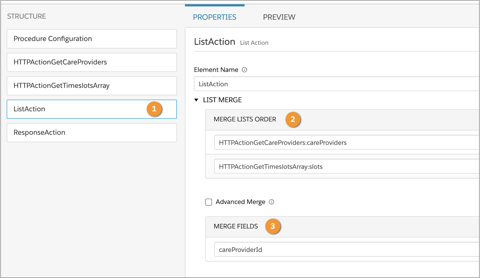 List Action to merge the data