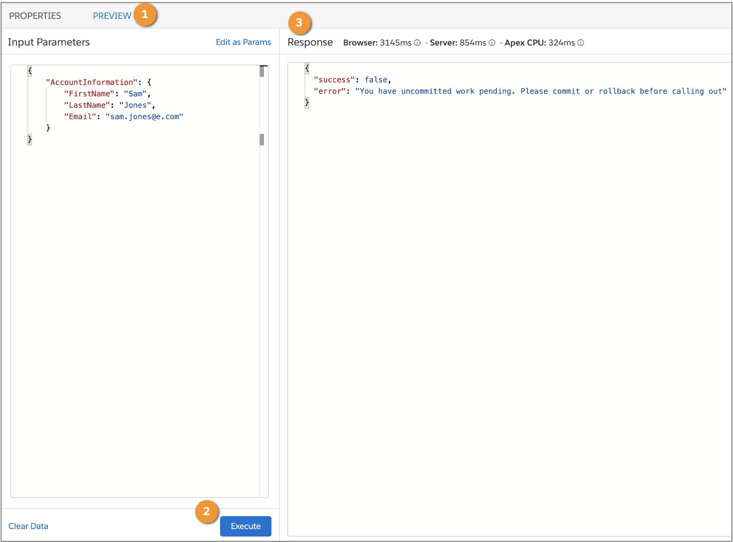 Response section with an error message