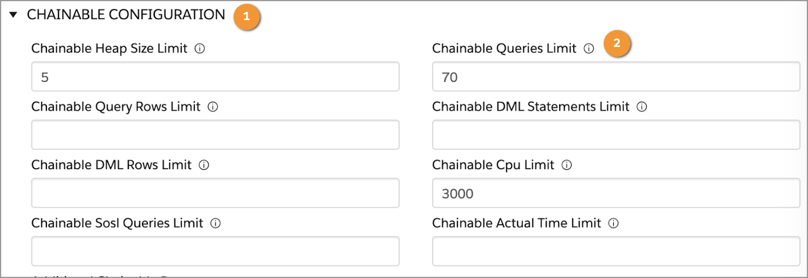 [Chainable Queries Limit (チェーン可能クエリ制限)] が 70 に設定された Integration Procedure