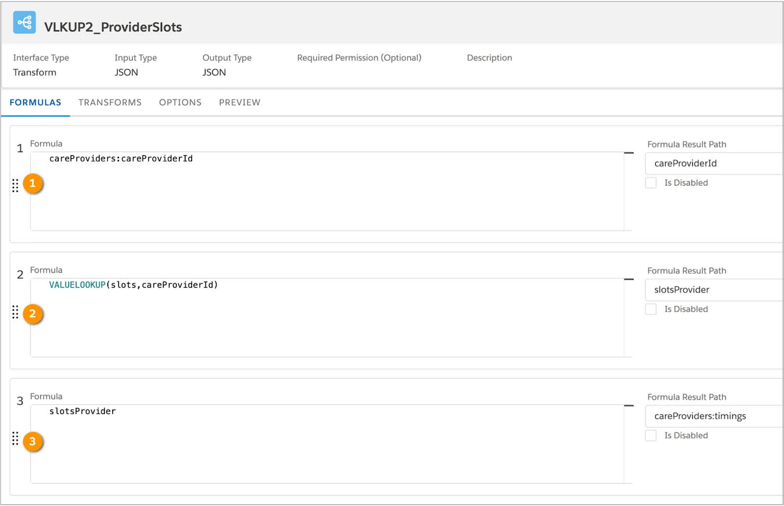 Formulas tab in a Data Mapper Transform