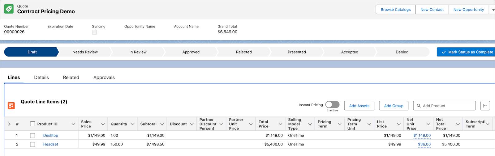The Contract Pricing Demo quote with the newly added line items.
