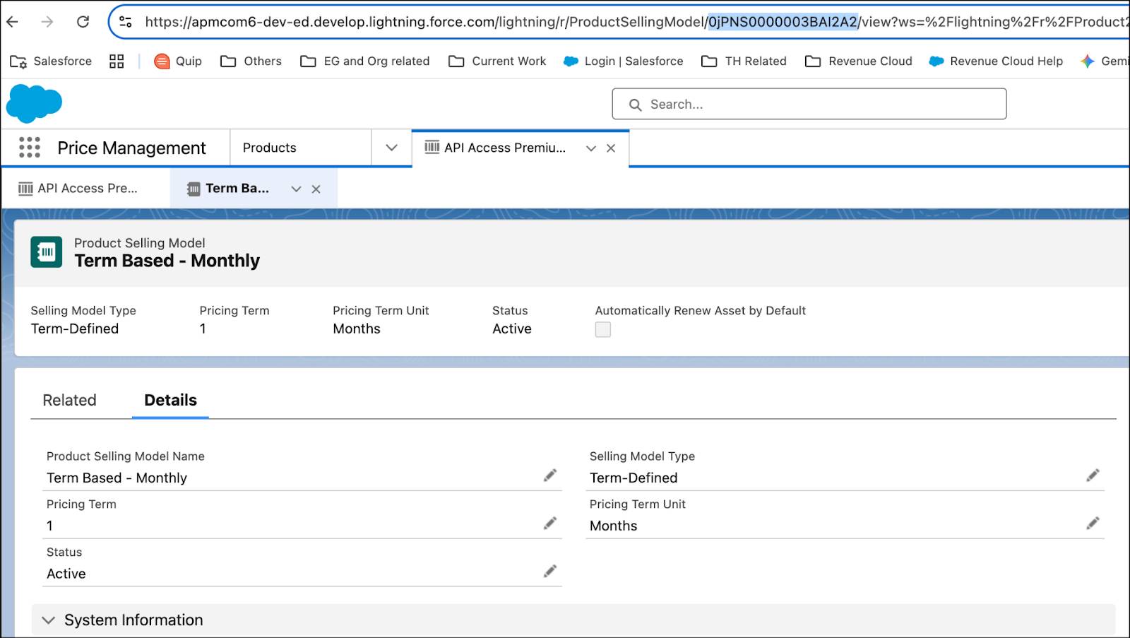 Product selling model ID available in the browser URL of your org.