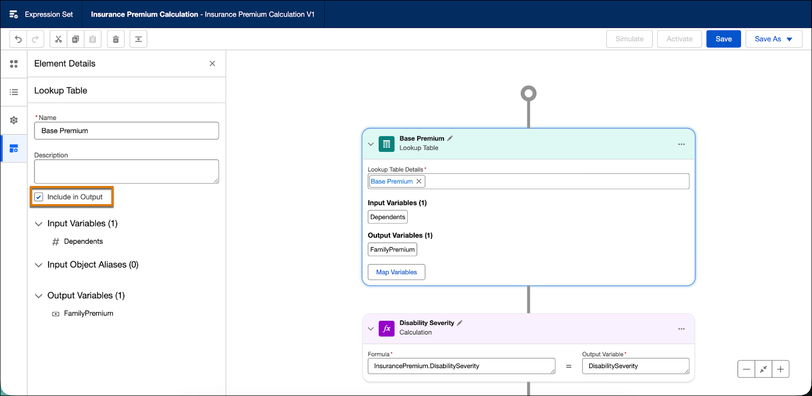 The Element Details section menu with Include in Output highlighted.