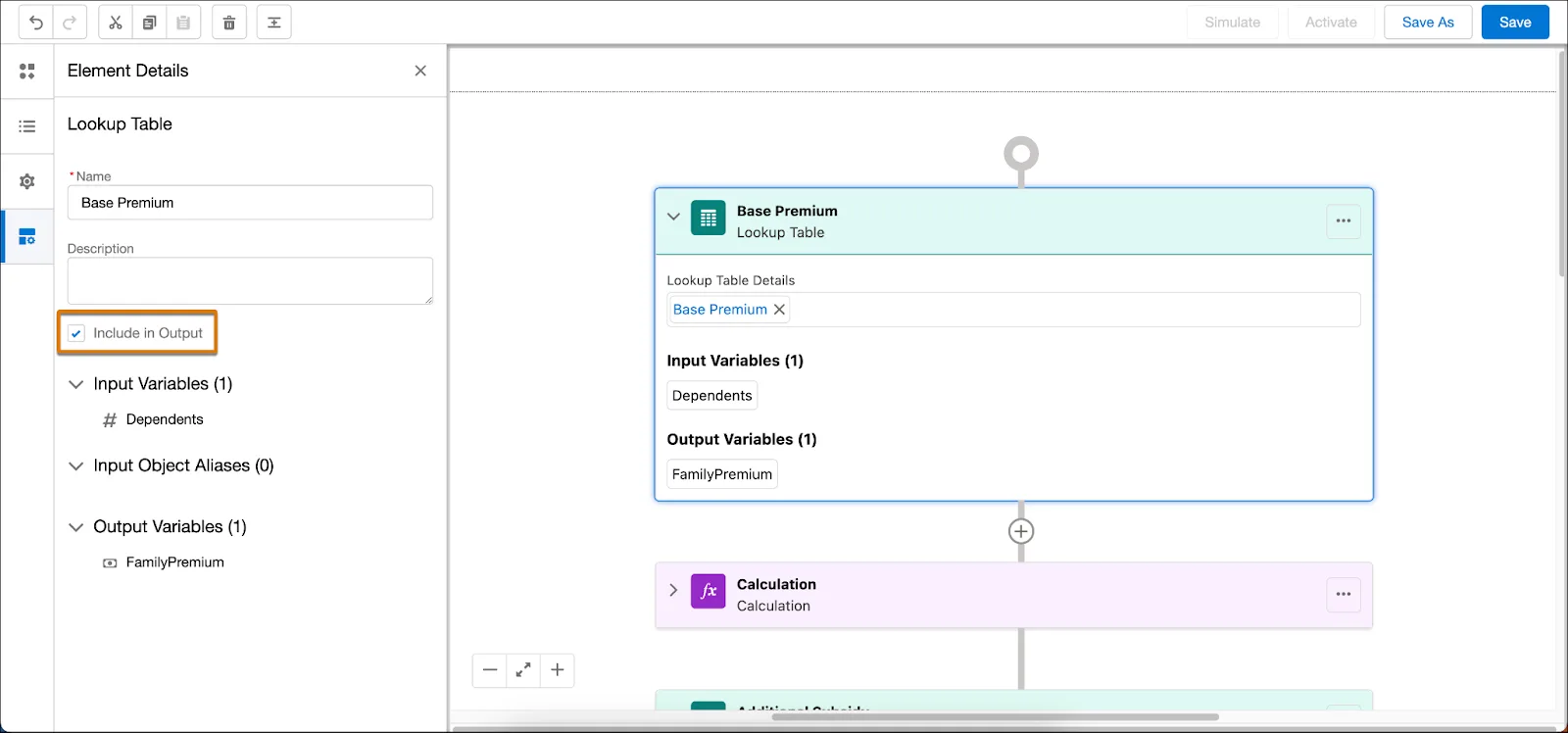 The Element Details section menu with Include in Output highlighted.