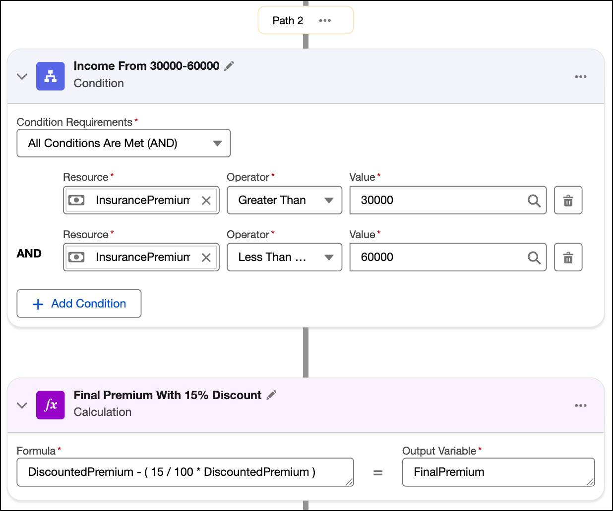 The second branch path along with its condition and calculation elements.